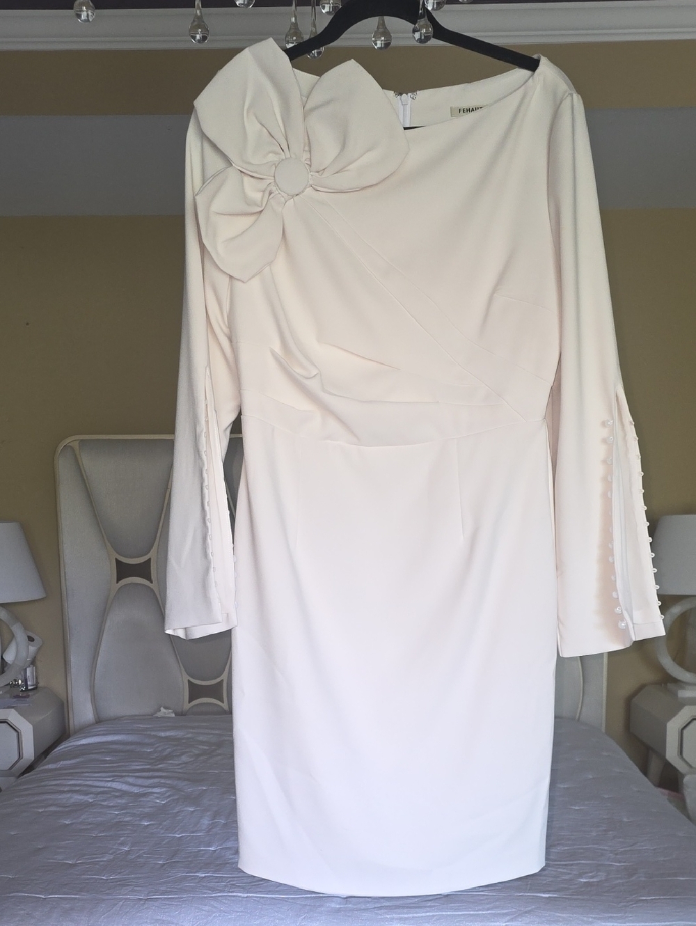 Fehaute Refined White Long-Sleeve Sheath Dress with Floral Shoulder Accent  8